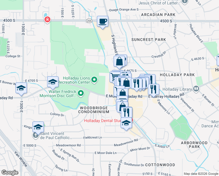 map of restaurants, bars, coffee shops, grocery stores, and more near in Holladay