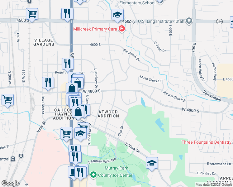 map of restaurants, bars, coffee shops, grocery stores, and more near 4839 Atwood Boulevard in Murray