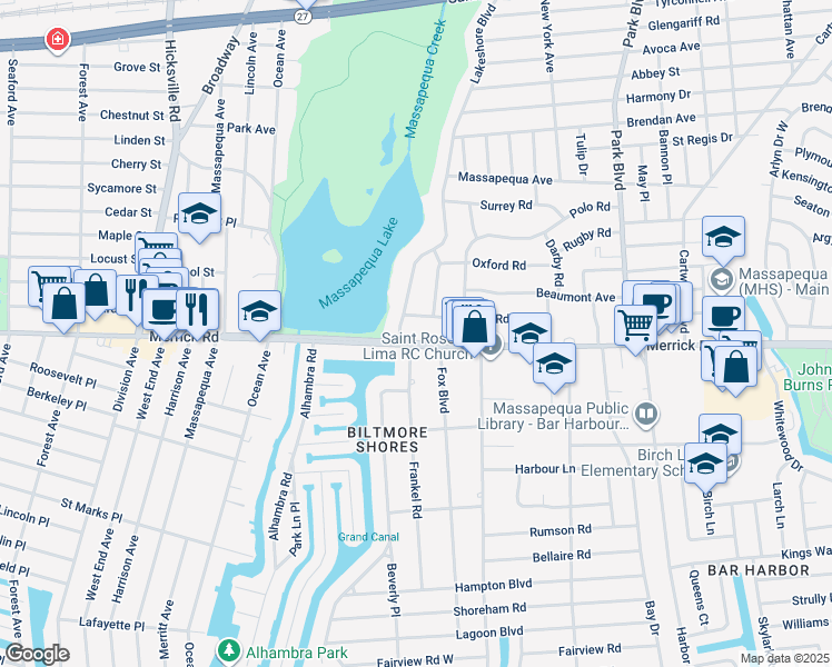 map of restaurants, bars, coffee shops, grocery stores, and more near 4550 Merrick Road in Massapequa