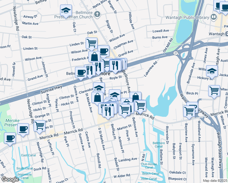 map of restaurants, bars, coffee shops, grocery stores, and more near 110 Marle Place in Bellmore