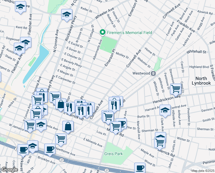 map of restaurants, bars, coffee shops, grocery stores, and more near 188 East Maujer Street in Valley Stream