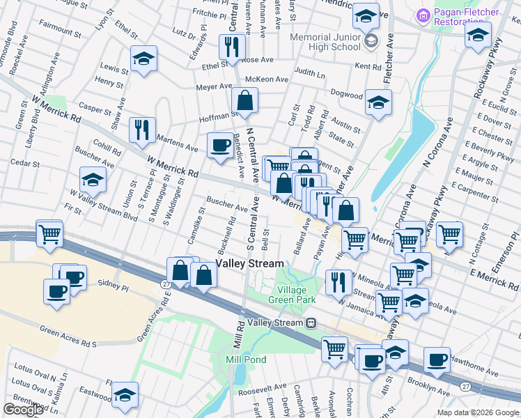 map of restaurants, bars, coffee shops, grocery stores, and more near 38 South Central Avenue in Valley Stream