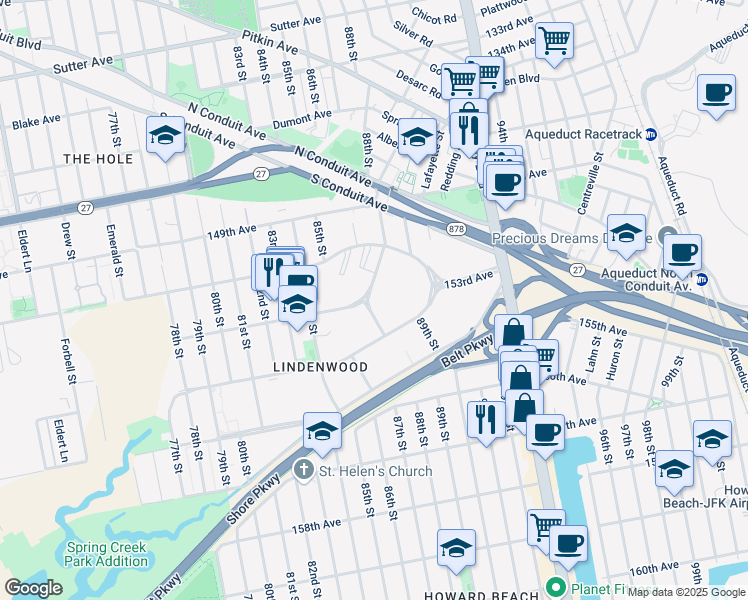 map of restaurants, bars, coffee shops, grocery stores, and more near 151-31 88th Street in Queens