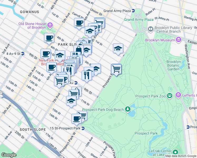 map of restaurants, bars, coffee shops, grocery stores, and more near 581 7th Street in Brooklyn