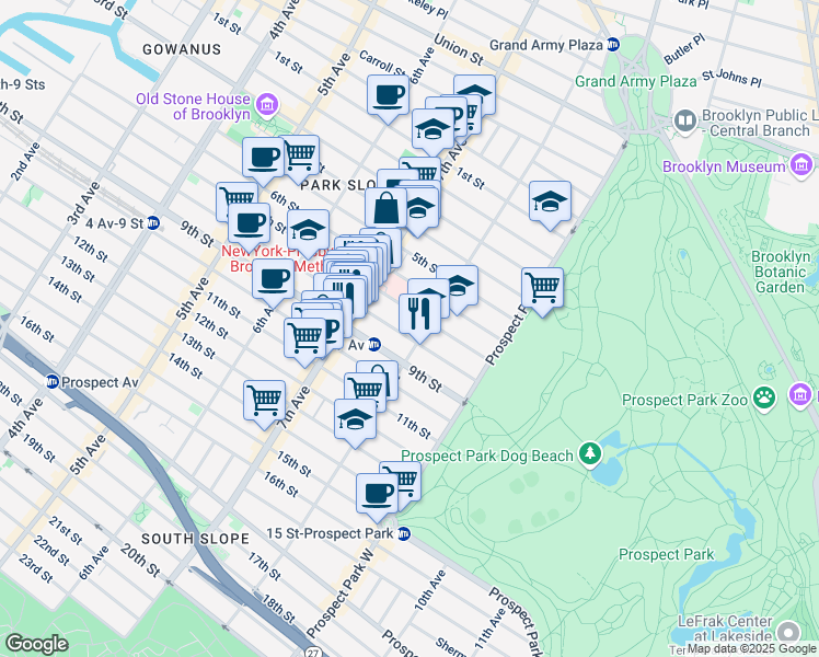 map of restaurants, bars, coffee shops, grocery stores, and more near 615 8th Avenue in Brooklyn