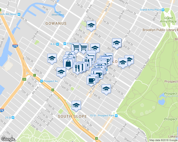 map of restaurants, bars, coffee shops, grocery stores, and more near 422 11th Street in Brooklyn