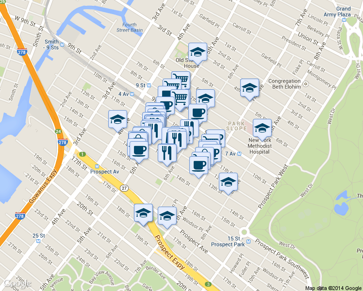 map of restaurants, bars, coffee shops, grocery stores, and more near 486 6th Avenue in Brooklyn