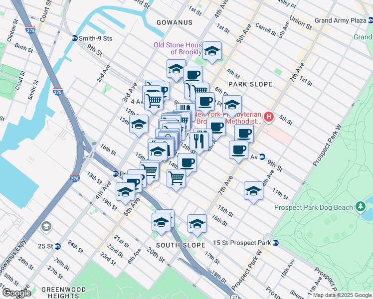 map of restaurants, bars, coffee shops, grocery stores, and more near 285 13th Street in Brooklyn