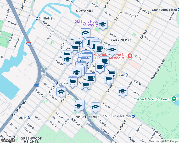 map of restaurants, bars, coffee shops, grocery stores, and more near 285 13th Street in Brooklyn