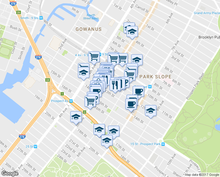 map of restaurants, bars, coffee shops, grocery stores, and more near 285 13th Street in Brooklyn