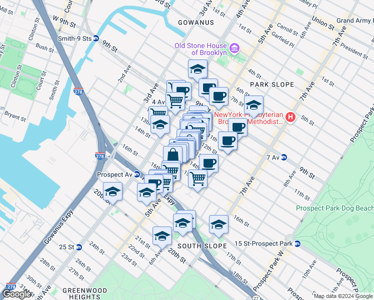 map of restaurants, bars, coffee shops, grocery stores, and more near 530 5th Avenue in Brooklyn