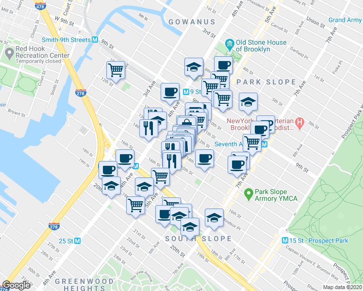 map of restaurants, bars, coffee shops, grocery stores, and more near 530 5th Avenue in Brooklyn