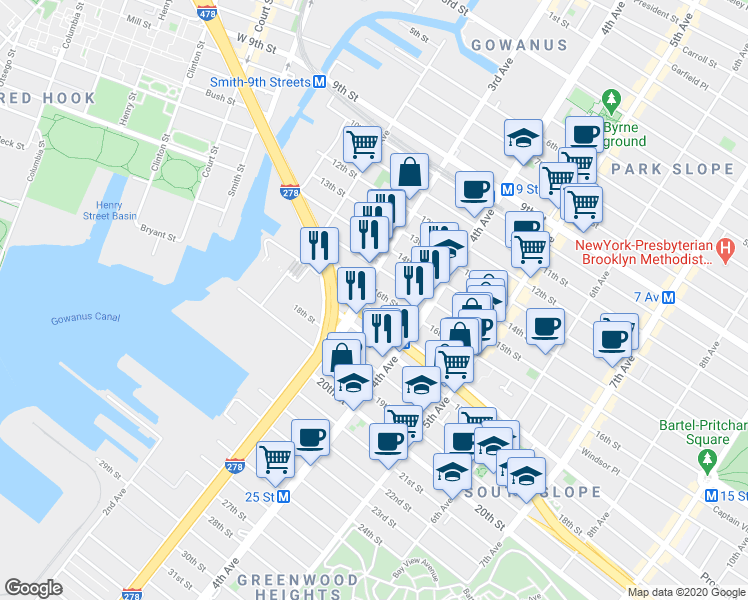 map of restaurants, bars, coffee shops, grocery stores, and more near 84 16th Street in Brooklyn