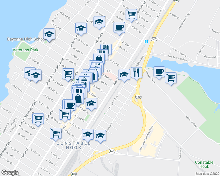 map of restaurants, bars, coffee shops, grocery stores, and more near 45 East 27th Street in Bayonne