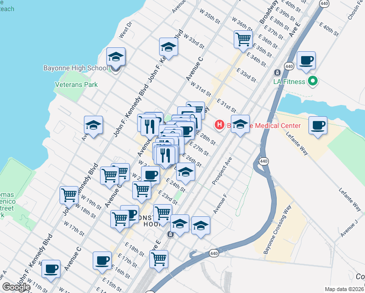 map of restaurants, bars, coffee shops, grocery stores, and more near 565 Broadway in Bayonne
