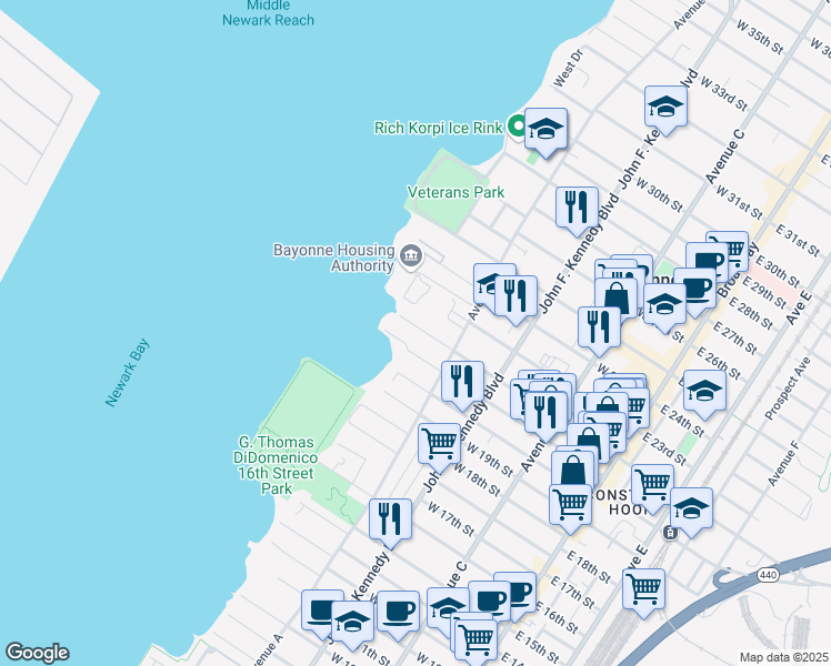 map of restaurants, bars, coffee shops, grocery stores, and more near 170 West 21st Street in Bayonne