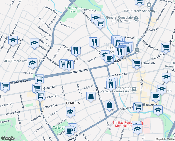 map of restaurants, bars, coffee shops, grocery stores, and more near 226 Chilton Street in Elizabeth