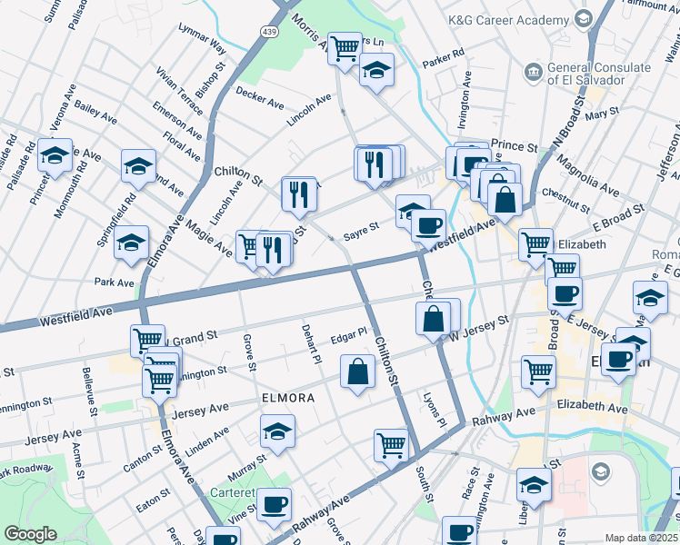 map of restaurants, bars, coffee shops, grocery stores, and more near 226 Chilton Street in Elizabeth