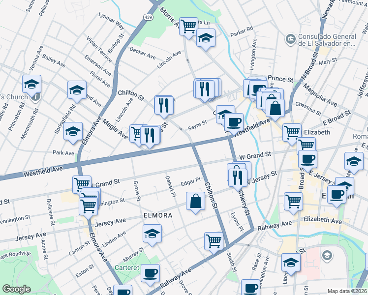 map of restaurants, bars, coffee shops, grocery stores, and more near 226 Chilton Street in Elizabeth