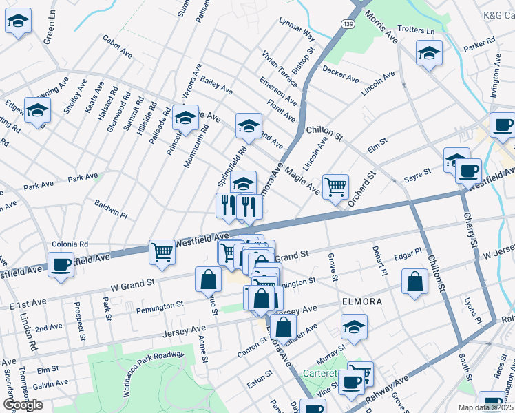 map of restaurants, bars, coffee shops, grocery stores, and more near 331 Elmora Avenue in Elizabeth