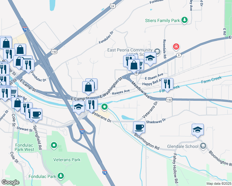map of restaurants, bars, coffee shops, grocery stores, and more near 201 Keayes Avenue in East Peoria