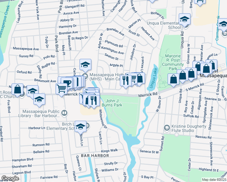 map of restaurants, bars, coffee shops, grocery stores, and more near 12 Arlyn Drive East in Massapequa