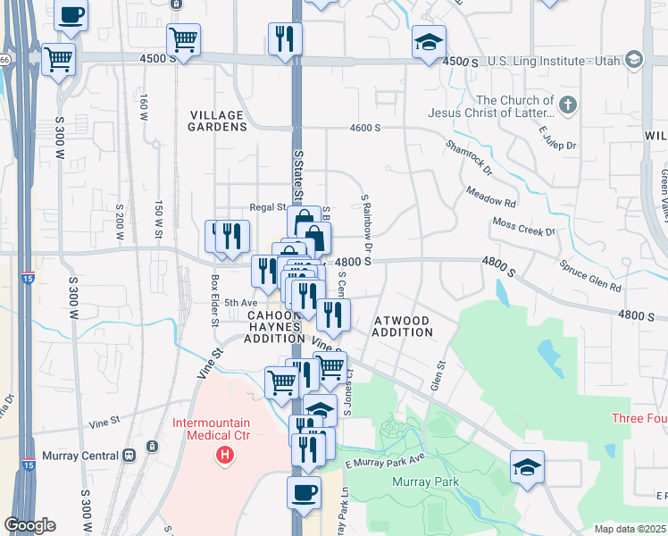 map of restaurants, bars, coffee shops, grocery stores, and more near 4820 South Center Street in Murray