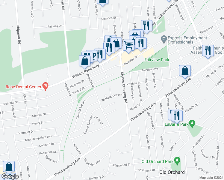 map of restaurants, bars, coffee shops, grocery stores, and more near 6 Winfield Court in Easton