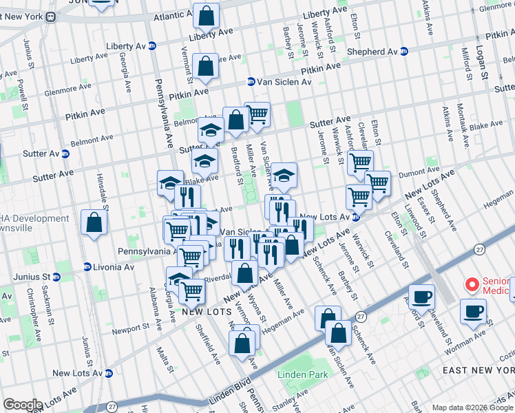 map of restaurants, bars, coffee shops, grocery stores, and more near 778 Dumont Avenue in Brooklyn