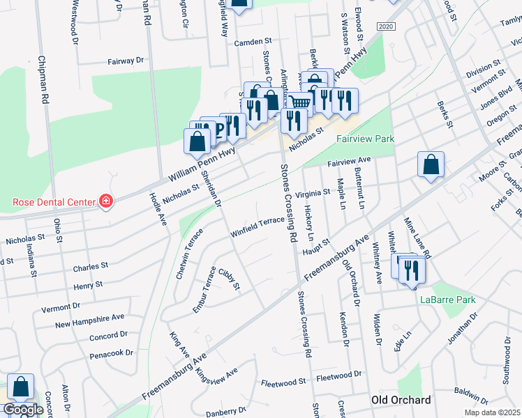 map of restaurants, bars, coffee shops, grocery stores, and more near 6 Winfield Court in Easton