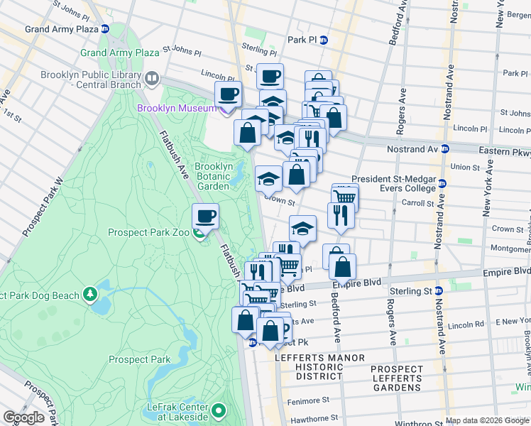 map of restaurants, bars, coffee shops, grocery stores, and more near 931 Washington Avenue in Brooklyn
