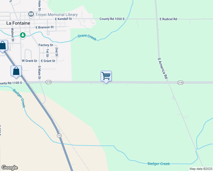 map of restaurants, bars, coffee shops, grocery stores, and more near 4279 Indiana 218 in La Fontaine