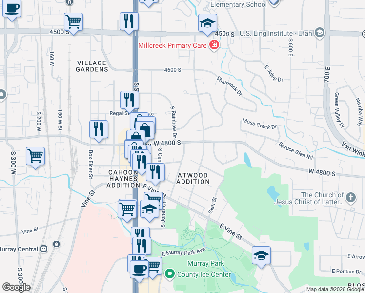 map of restaurants, bars, coffee shops, grocery stores, and more near 248 East 4800 South in Murray