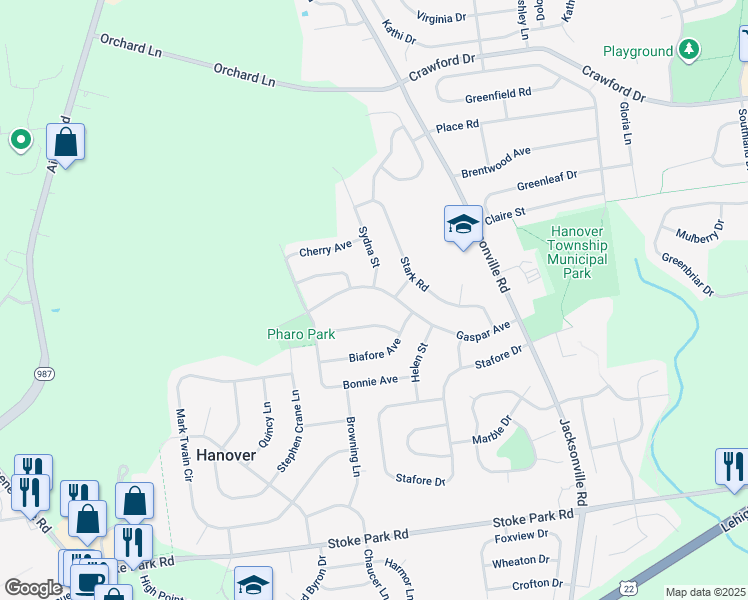 map of restaurants, bars, coffee shops, grocery stores, and more near 1301 Gaspar Avenue in Bethlehem