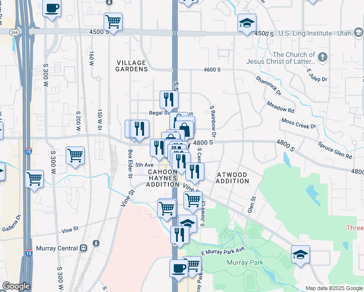 map of restaurants, bars, coffee shops, grocery stores, and more near 118 4800 South in Murray