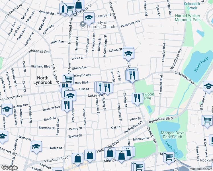 map of restaurants, bars, coffee shops, grocery stores, and more near 170 Rolling Street in Malverne