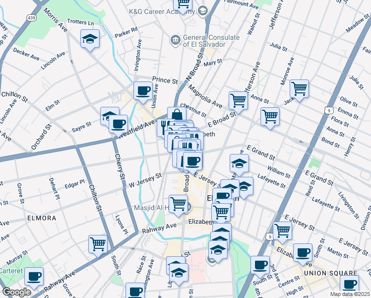 map of restaurants, bars, coffee shops, grocery stores, and more near 142 Broad Street in Elizabeth