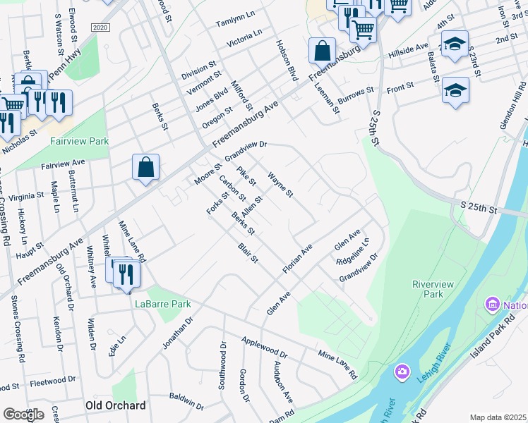 map of restaurants, bars, coffee shops, grocery stores, and more near 316 Carbon Street in Easton