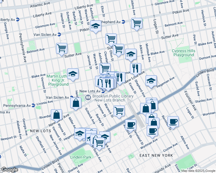map of restaurants, bars, coffee shops, grocery stores, and more near 933 Livonia Avenue in Brooklyn