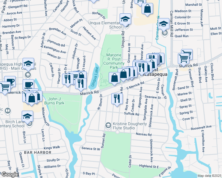 map of restaurants, bars, coffee shops, grocery stores, and more near 21 South Merrick Road in Massapequa