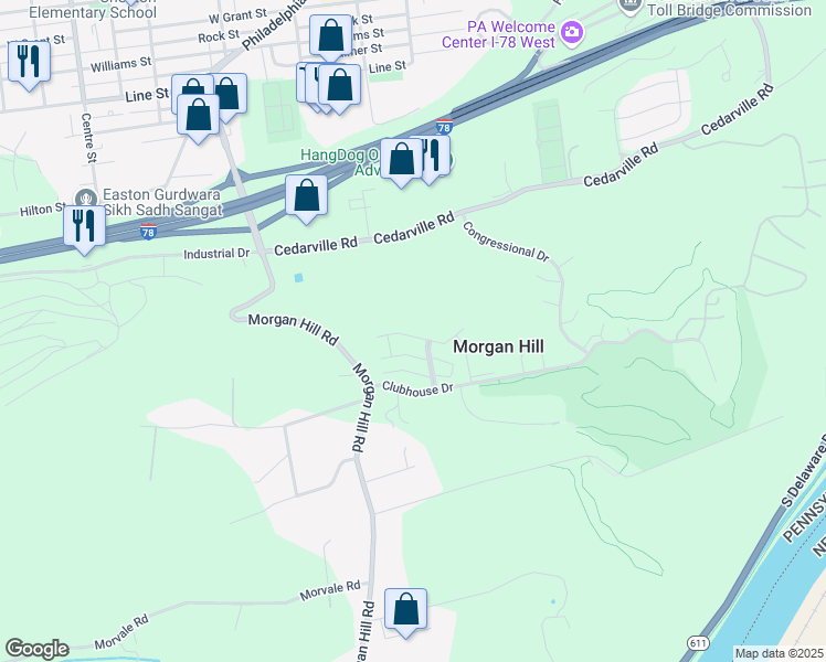 map of restaurants, bars, coffee shops, grocery stores, and more near 428 Waterford Terrace in Northampton County