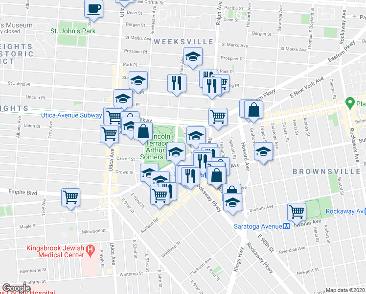 map of restaurants, bars, coffee shops, grocery stores, and more near 299 Buffalo Avenue in Brooklyn