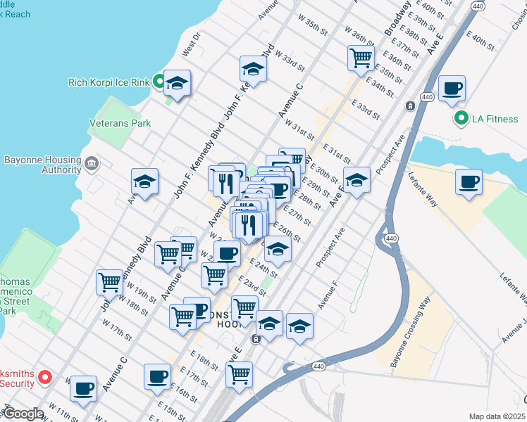 map of restaurants, bars, coffee shops, grocery stores, and more near 565 Broadway in Bayonne