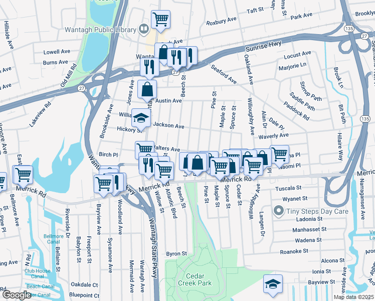 map of restaurants, bars, coffee shops, grocery stores, and more near Larch Street in Wantagh