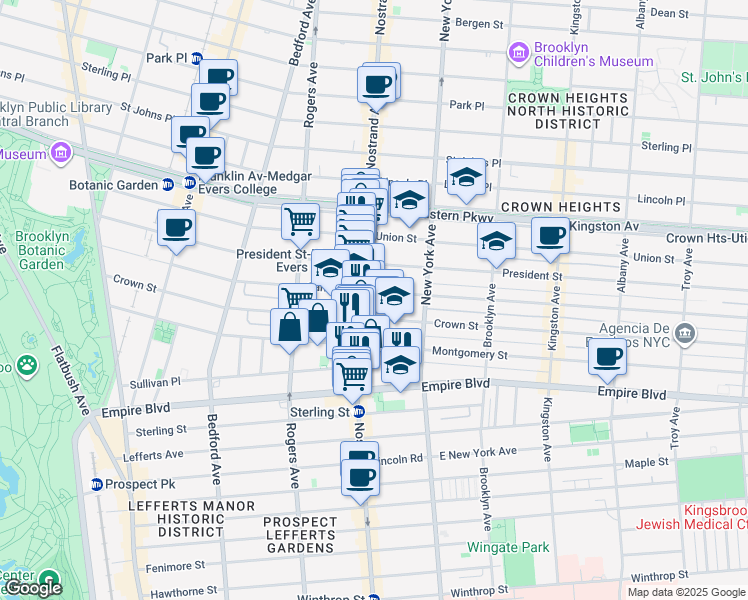 map of restaurants, bars, coffee shops, grocery stores, and more near 299 Crown Street in Brooklyn