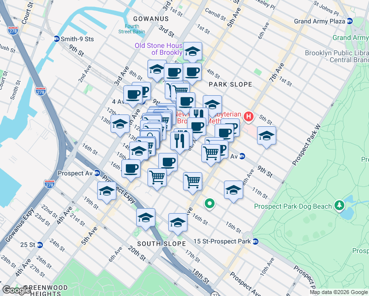 map of restaurants, bars, coffee shops, grocery stores, and more near 400 11th Street in Brooklyn