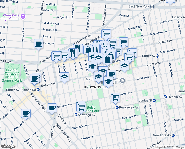 map of restaurants, bars, coffee shops, grocery stores, and more near 581 Thomas S Boyland Street in Brooklyn