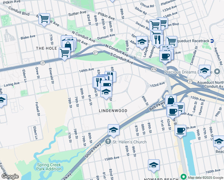 map of restaurants, bars, coffee shops, grocery stores, and more near 79-20 153rd Avenue in Queens