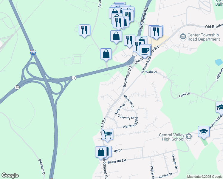 map of restaurants, bars, coffee shops, grocery stores, and more near 106 Oak Lane in Monaca