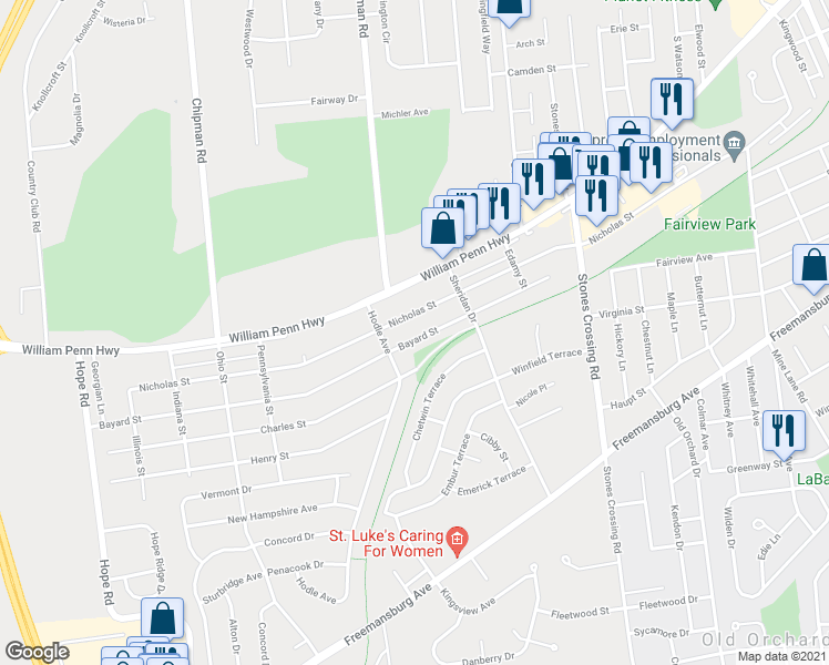map of restaurants, bars, coffee shops, grocery stores, and more near 4227 Bayard Street in Easton